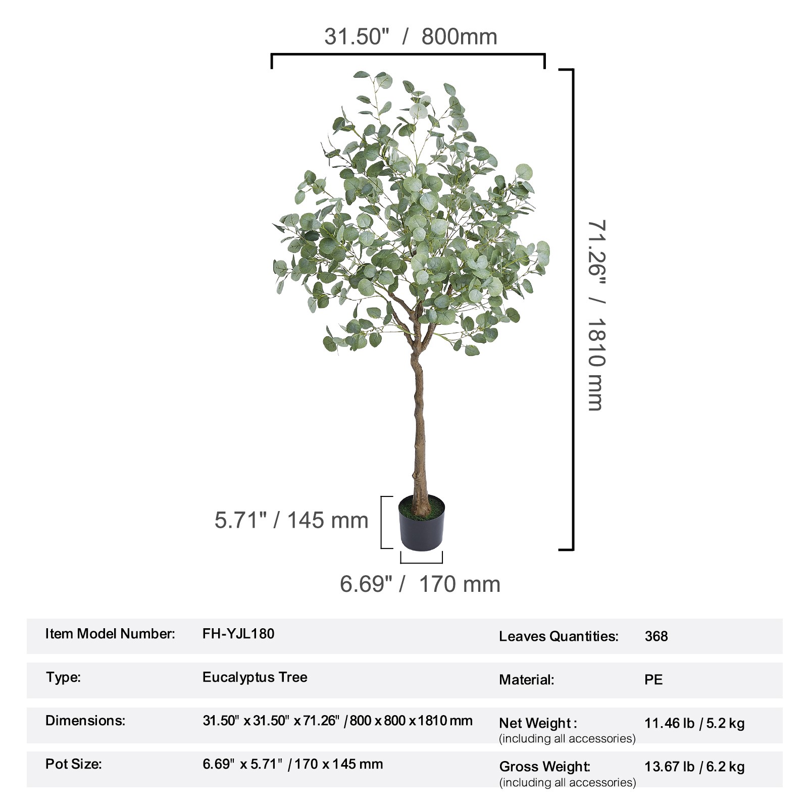 Artificial Eucalyptus Tree 6ft Tall Fake Faux Silk Plant Home Decor In/outdoor