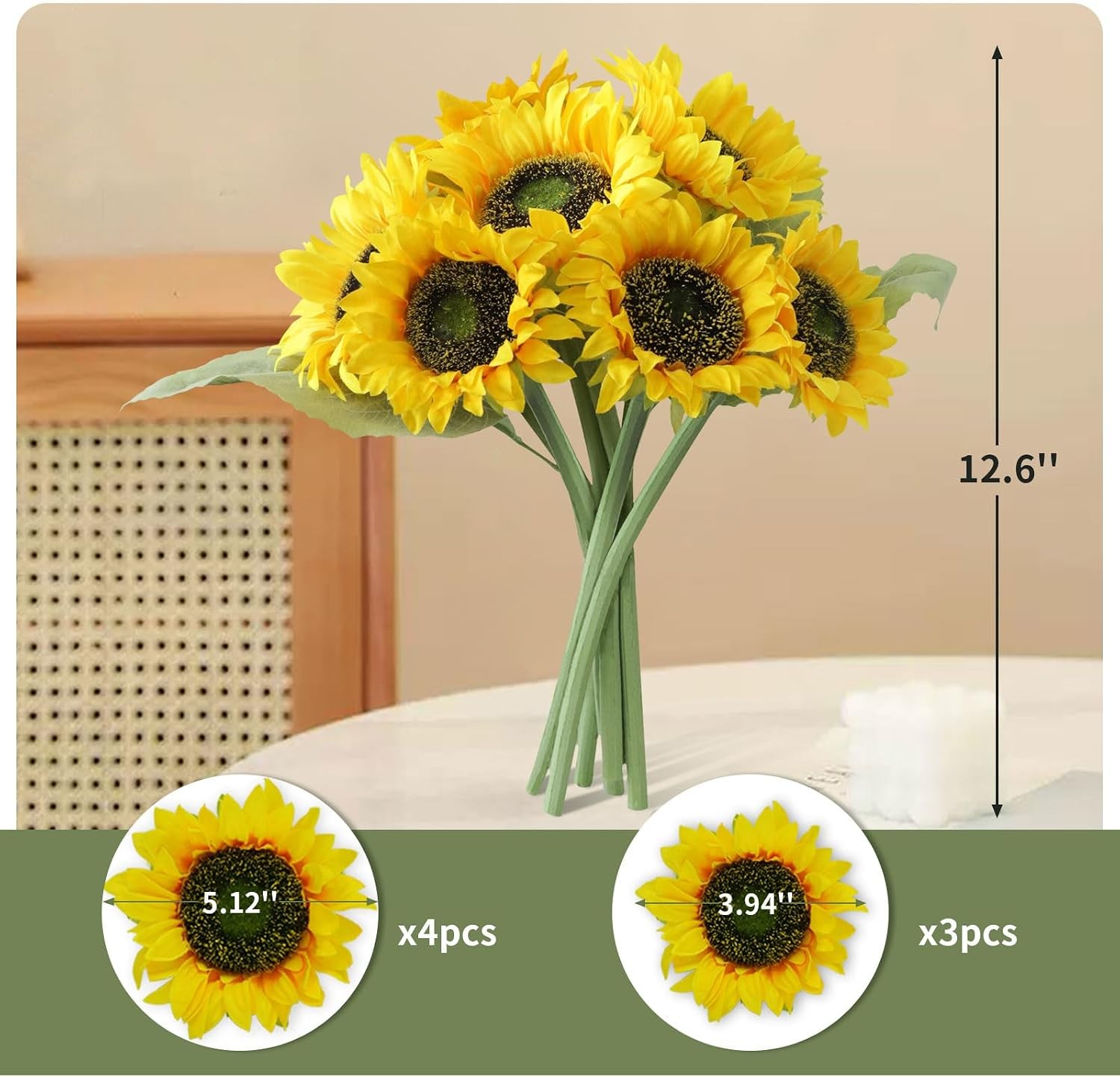 7Pcs Realistic Silk Sunflowers Artificial Flowers,12.6”Fake Sunflowers with