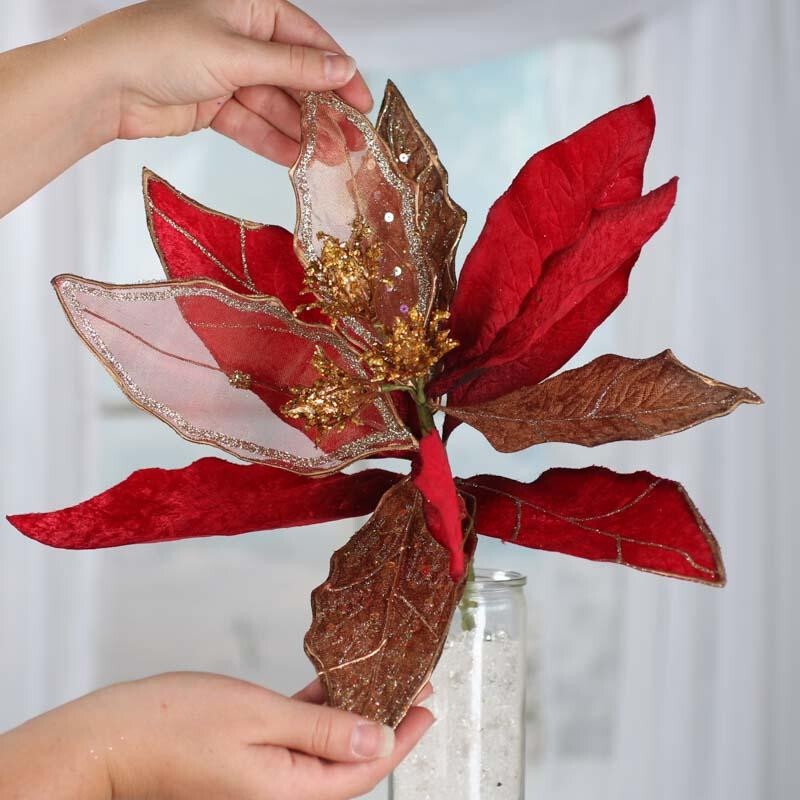 Red and Gold Velvet and Mesh Artificial 16″ Magnolia Leaf Stem