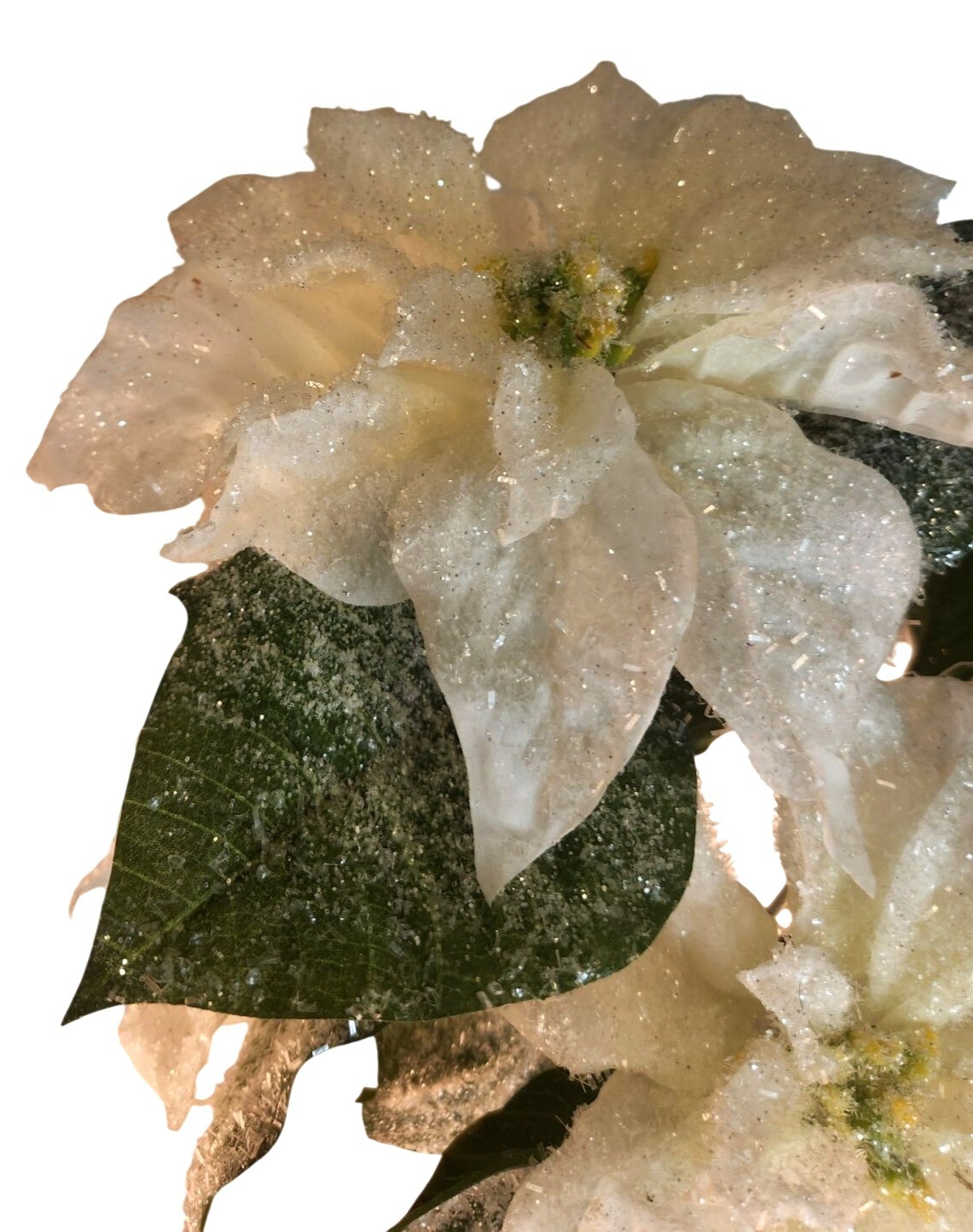 White Glitter Poinsettia Artificial Flowers With Crystal Bead Accents 4 Stems &