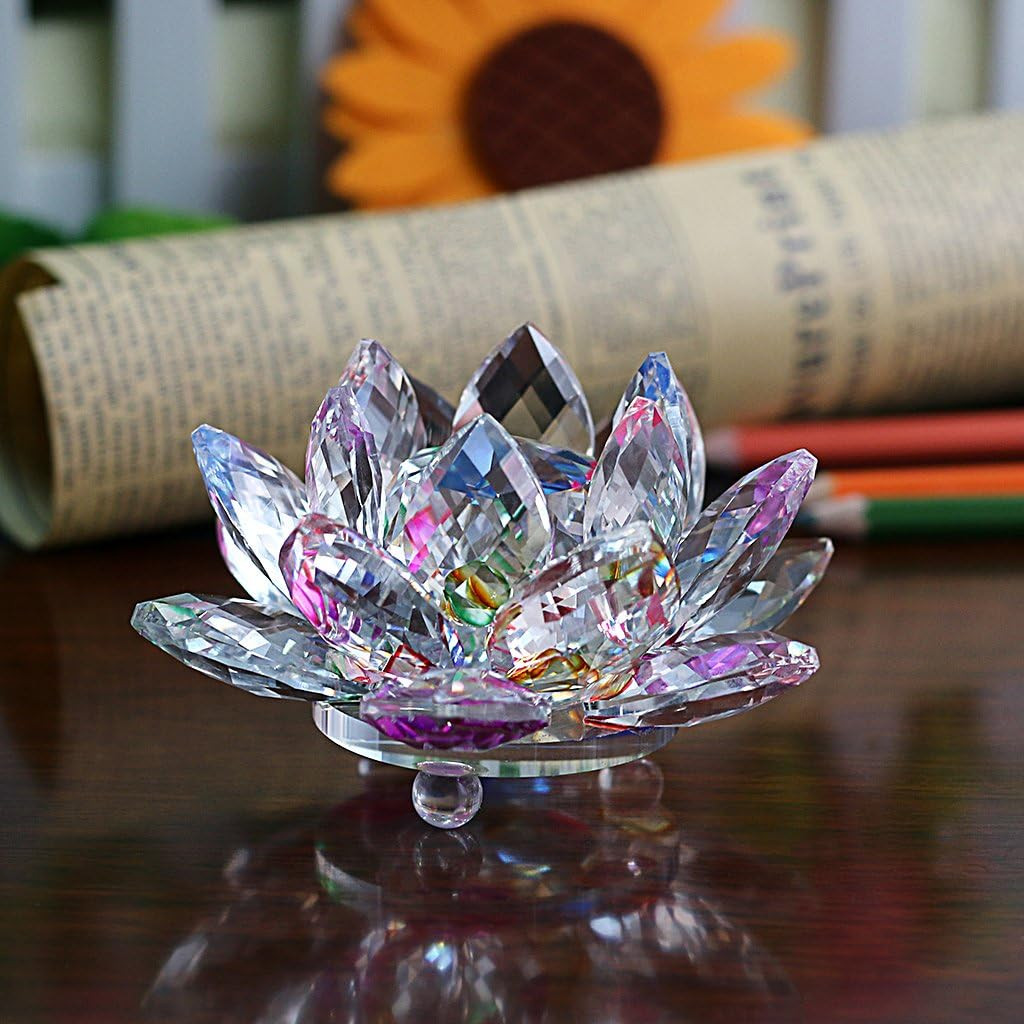 Sparkle Crystal Lotus Flower Hue Reflection Feng Shui Home Decor with Gift Box (