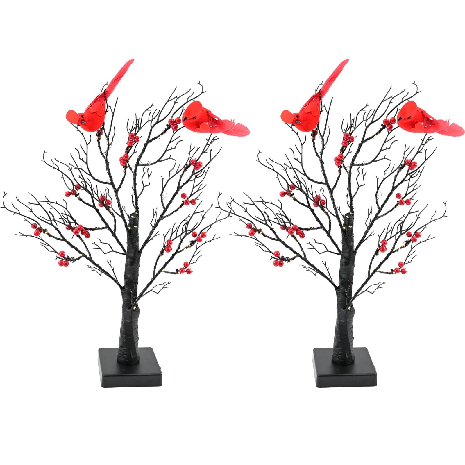 Set of 2 Vintage Glowing Trees with Cardinals, Dual Power USB/Battery Operate…