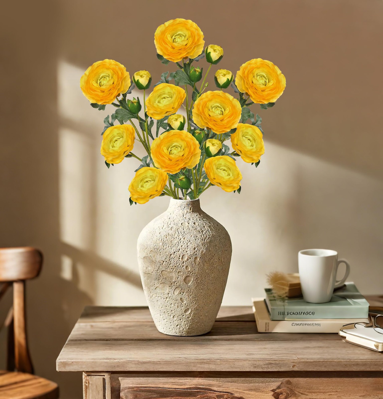 Yellow Ranunculus Artificial Flowers Bouquets, Set of 5 25.9” Long Stems Fau…