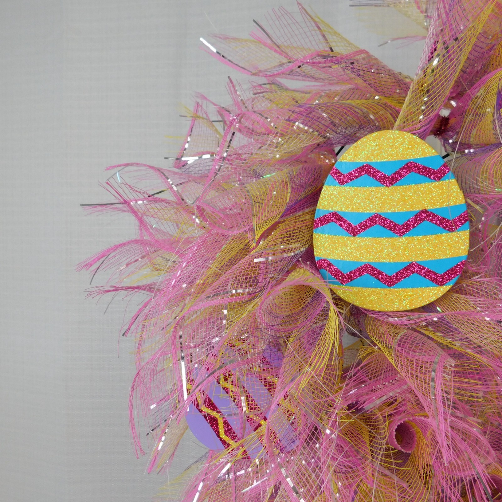 Handmade Mesh Wreath Easter Pastel Glitter Eggs Welcome Sign Metallic Pink #C317