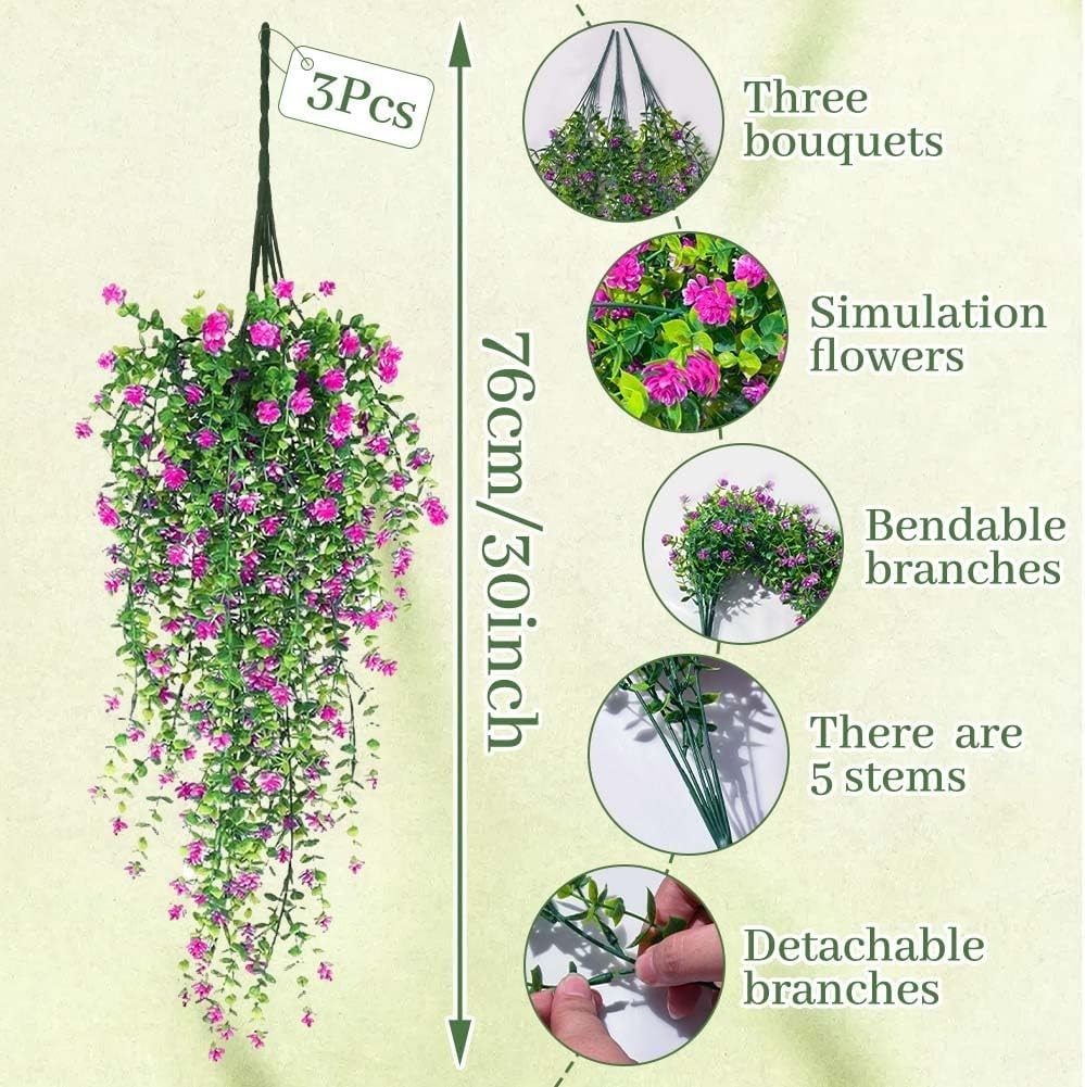 Artificial Hanging Flowers 3 Pack Fake Vine Plants Outdoor Indoor Porch Decor Se