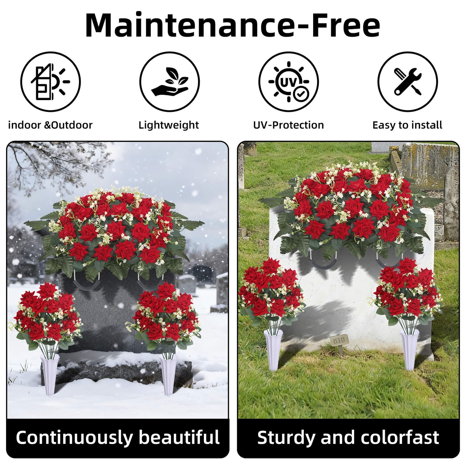 3 Piece Memorial Flowers Set for Cemetery – Large Headstone Flower Saddle + 2…