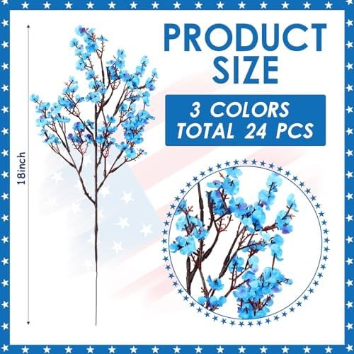 Lyrow 24 Pcs Red Blue White Patriotic Artificial Flowers 4th of July Table Ce…