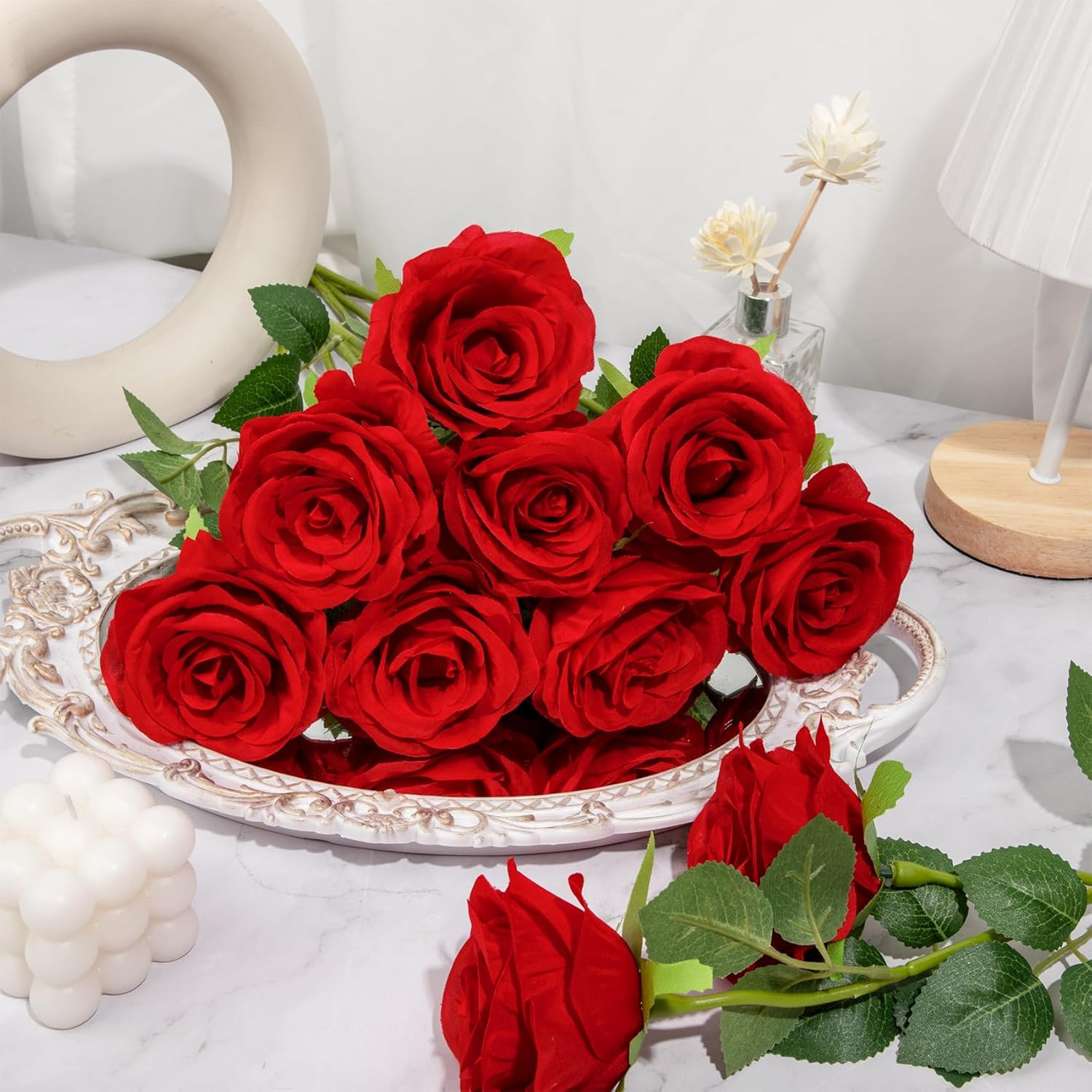20 Pcs Red Roses Artificial Velvet Silk Flowers Fake Roses Bouquet with Long Ste