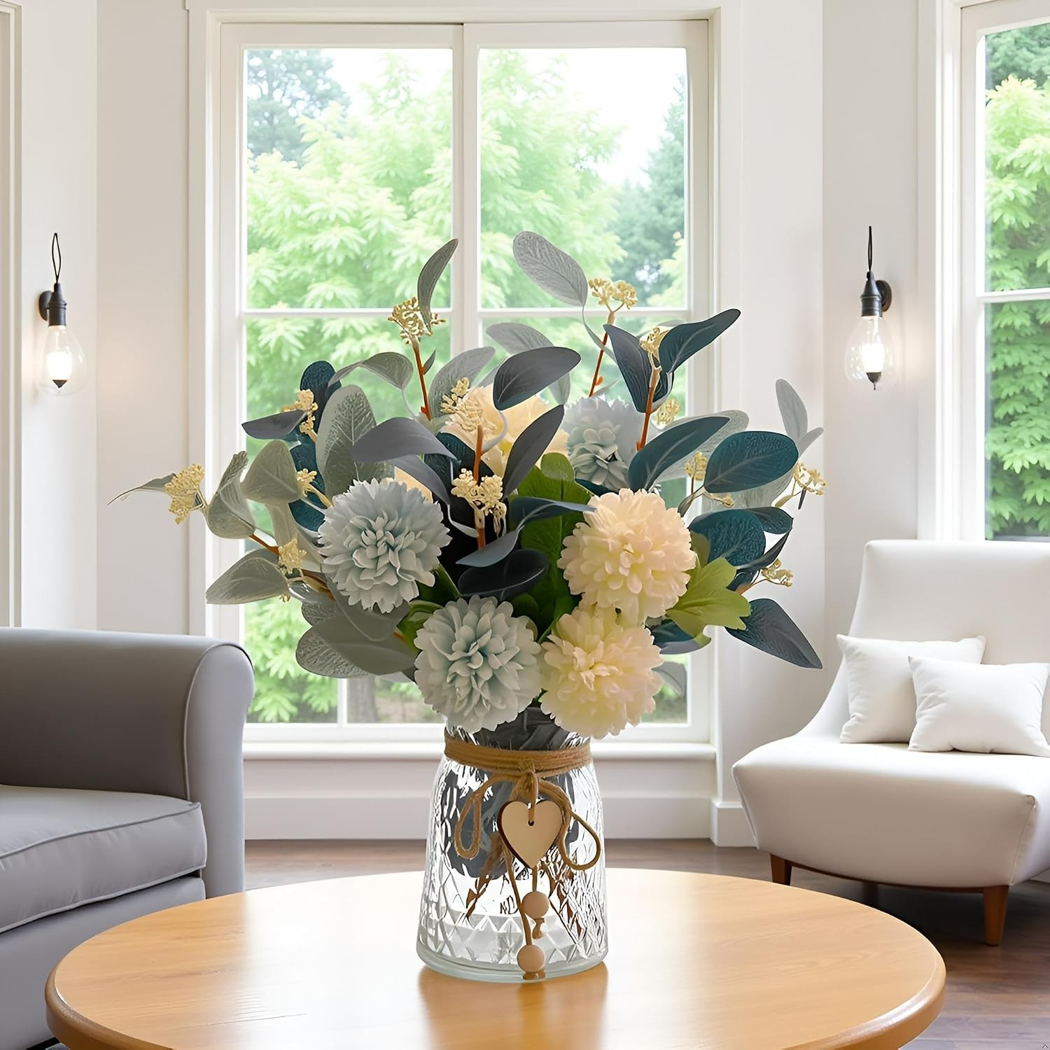 Faux Flower Bouquet with Adjustable Stems and Rustic Glass Vase – Home Decor