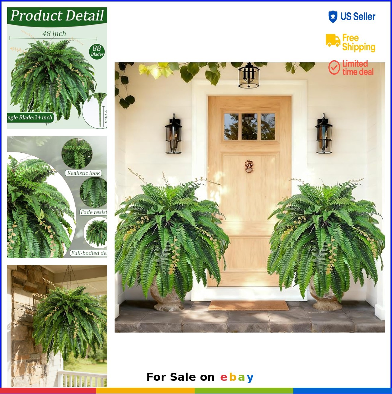 Artificial Boston Ferns 48 Inch 88 Fronds UV Resistant Outdoor Faux Plants 2