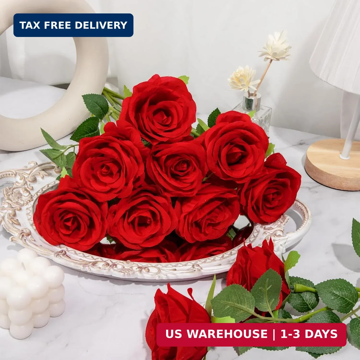 Ouddy Decor 20 Pcs Red Roses Artificial Velvet Silk Flowers Fake Roses Bouquet w
