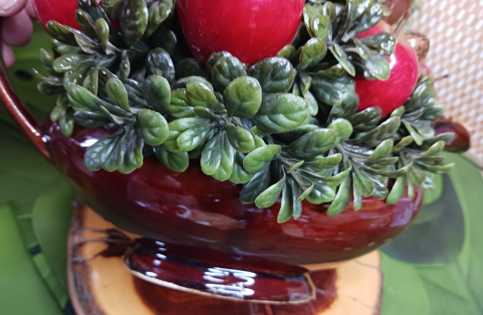 Faux Apple Nut Foliage Bouquet in HULL Vintage Teapot ~ Red Brown Green 11 x 8″