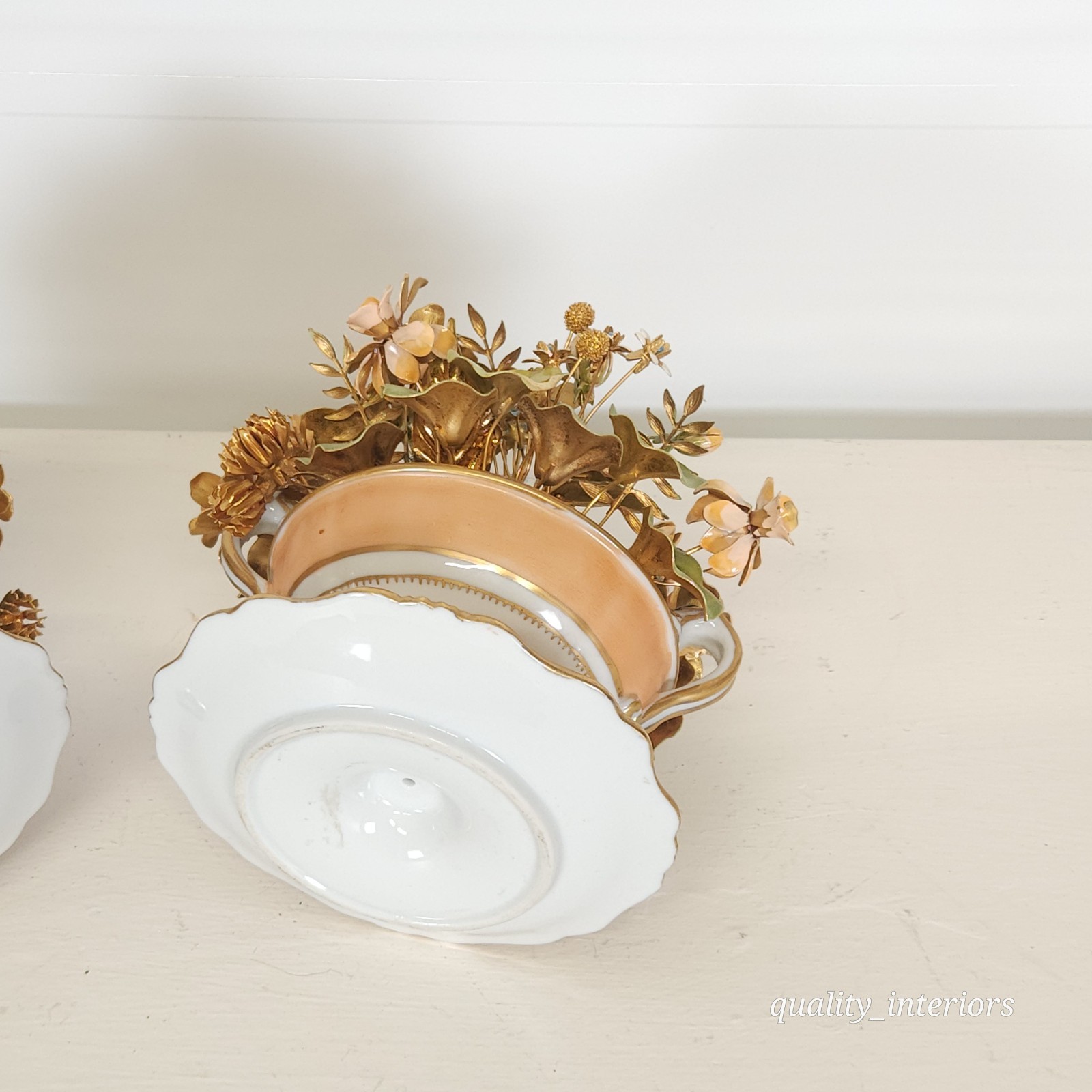 Pair Jane Hutcheson for Gorham Apricot Teacup & Saucer Floral Arrangement