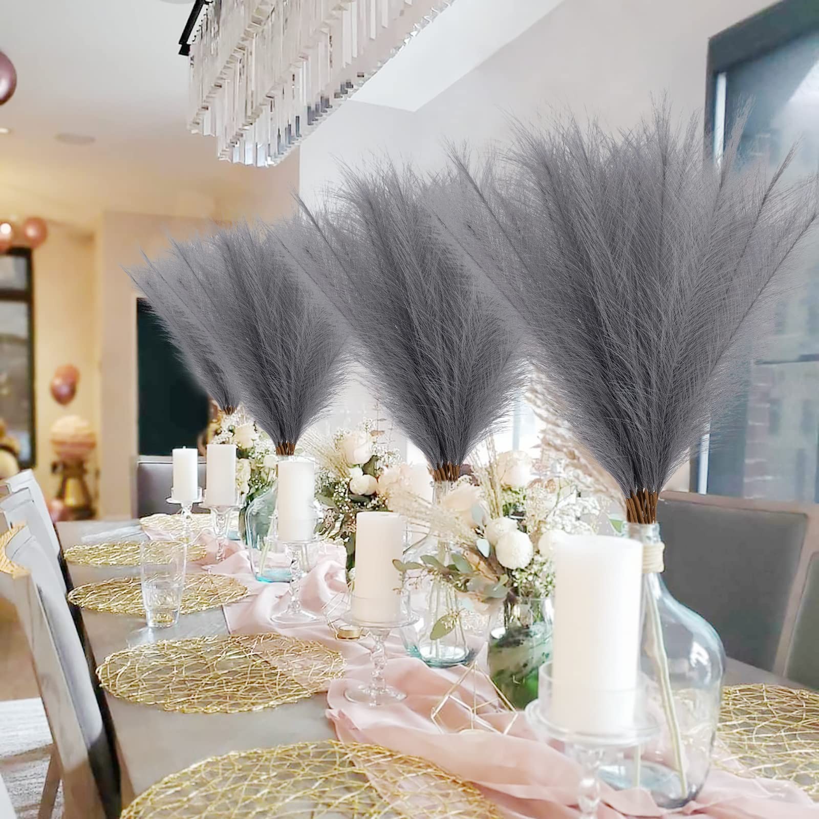50pcs Faux Pampas Grass Grey, 21.6″ Short Artificial Pompous Grass Floral Fak…