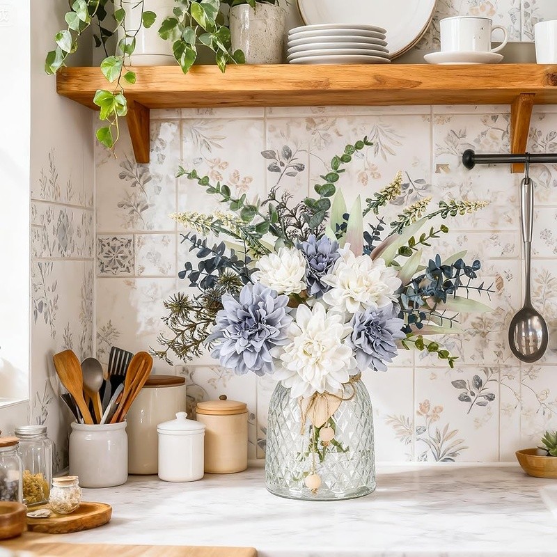 Artificial Dahlia Flowers Vase Elegant Floral Arrangement Home Decor Centerpiece