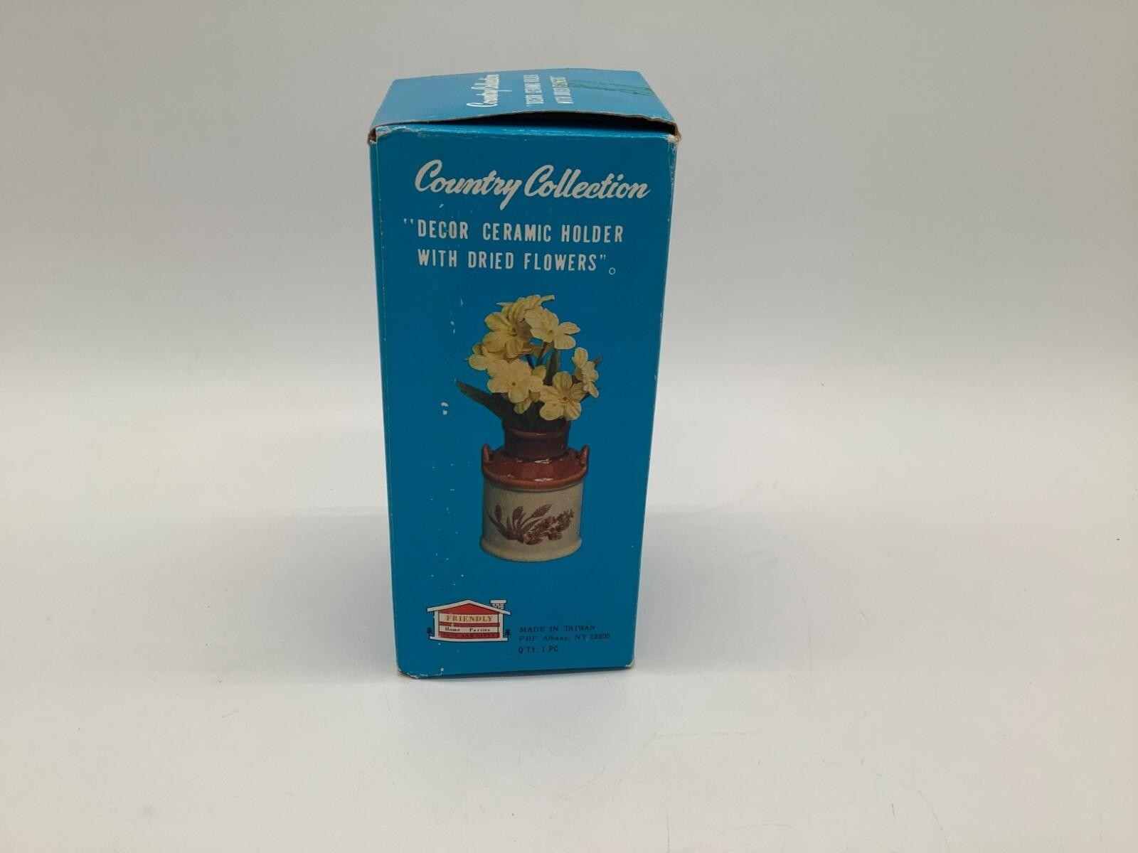 Vintage Country Collection Decor Holder With Dried Flowers Brown Beige Stoneware