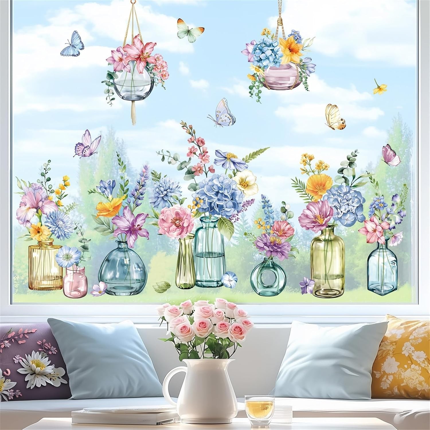 Spring Summer Potted Flowers Vase Window Clings Double Sided Blue Purple Wild…