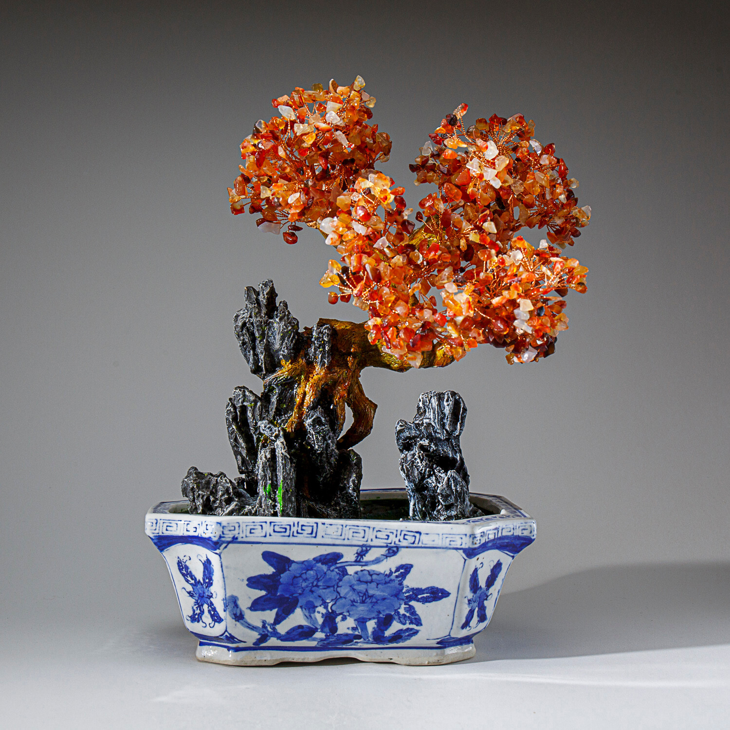 Genuine Carnelian Bonsai Tree in Square Ceramic Pot (13” Tall)