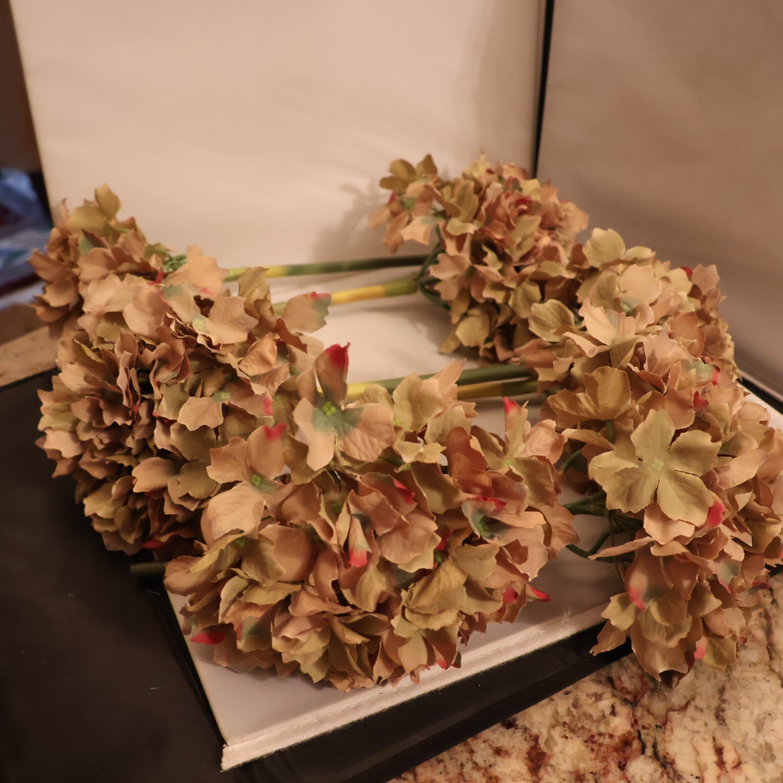 Six Lovely Pink/Blue/Purple Hydrangea Stems – Large Blossoms Plus Stem of Leaves