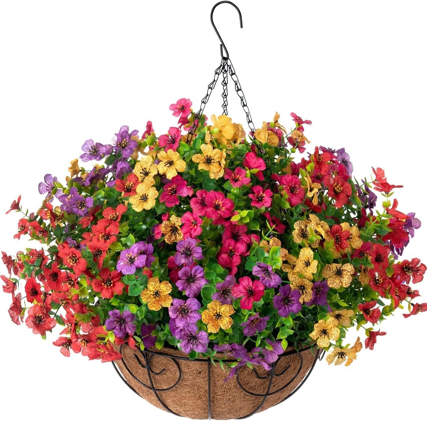 Elegant Faux Hanging Flower Basket with UV Resistant Daisies & Eucalyptus