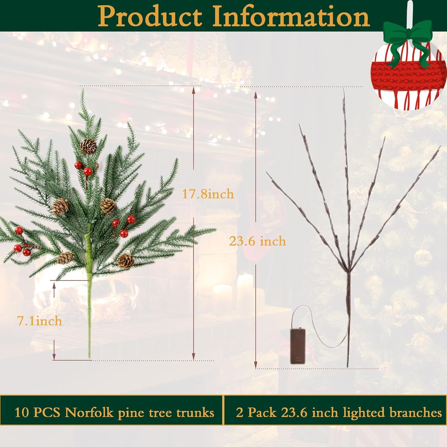 12 Pcs Christmas Norfolk Pine Branches with Lights, 17″ Artificial Xmas Stems wi