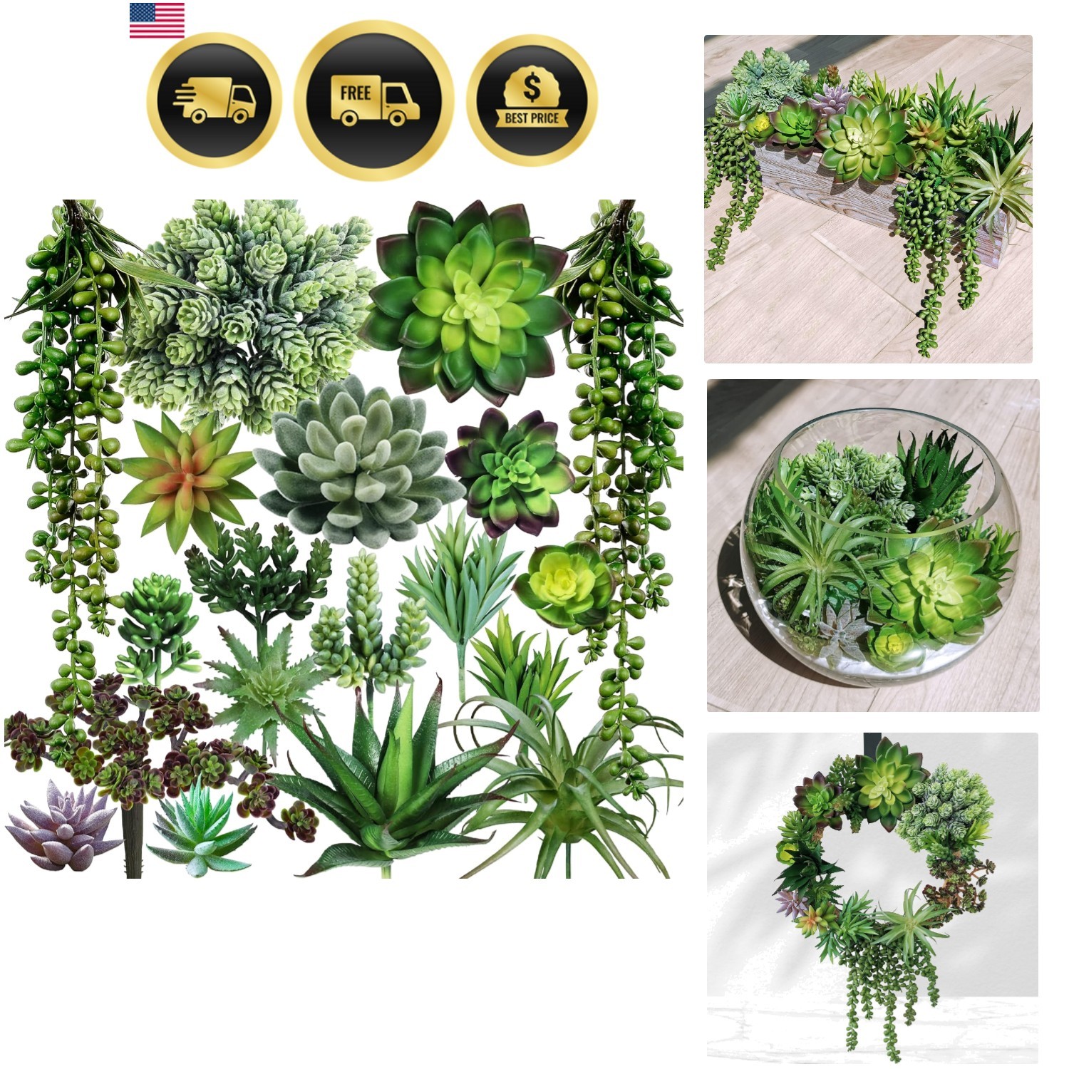 19 Pcs Assorted Artificial Succulents Plants Unpotted Small Green Hanging Suc…