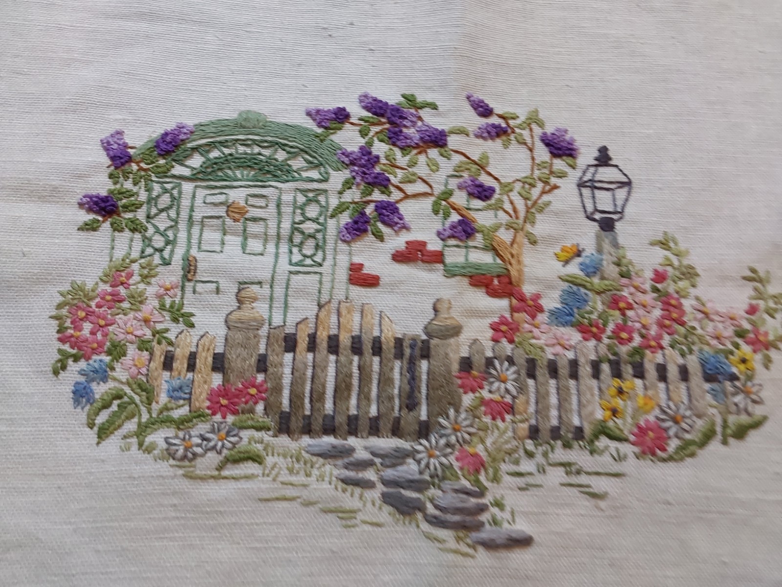 EMBROIDERED SCENE ●COTTAGE ENTRY ●Trees FENCE Florals ~15″ X 11.25″ HAND CREATED