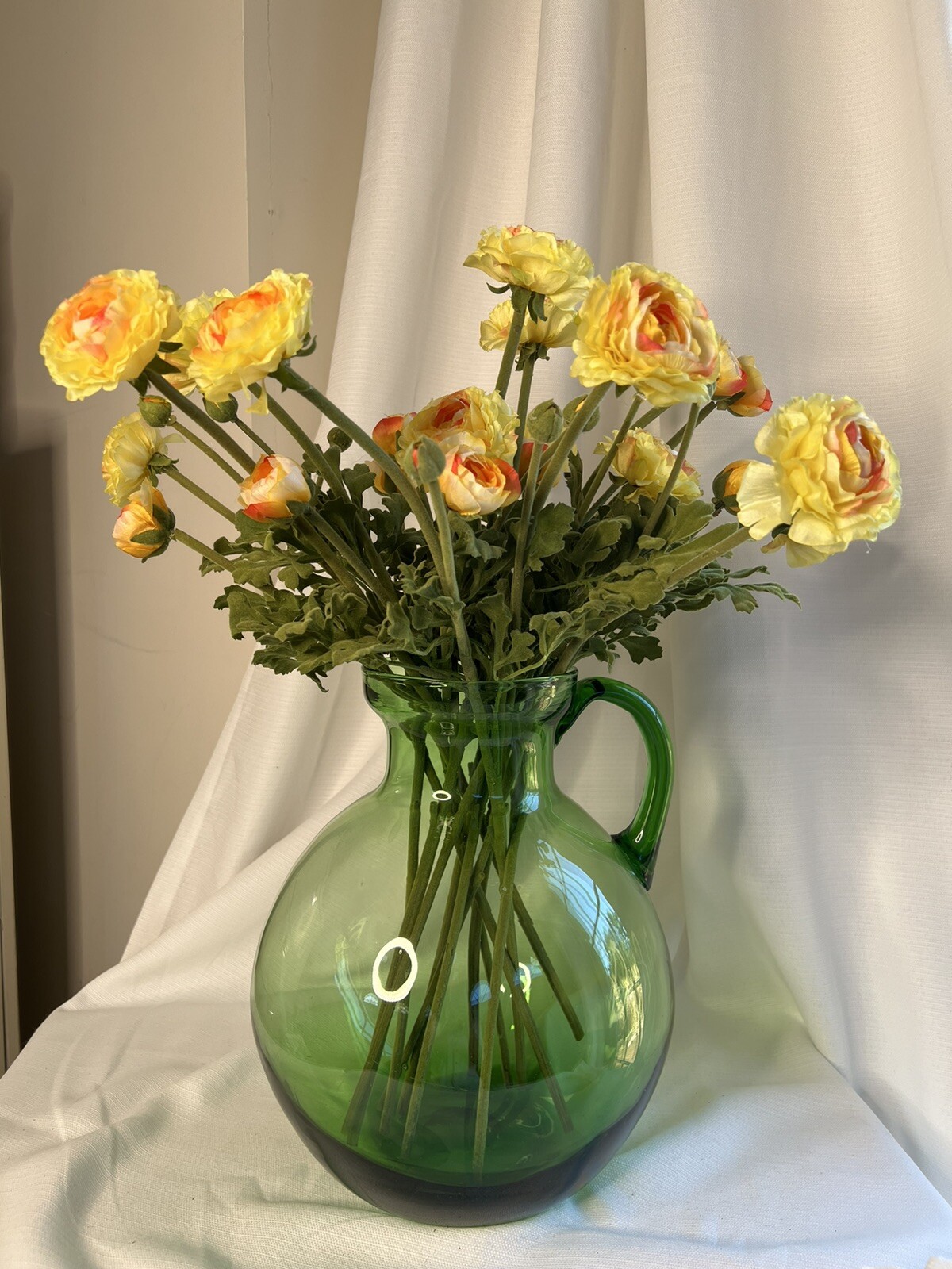 Large Custom Floral Arrangement Realistic Yellow Ranunculus In Green Glass Jug