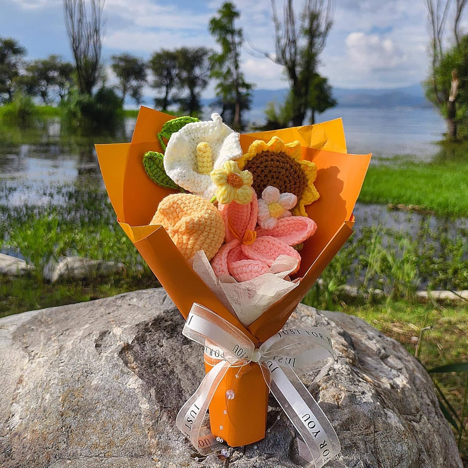 Handmade Crochet Flower Bouquet Orange Tulip Knitted Bouquet for Birthday
