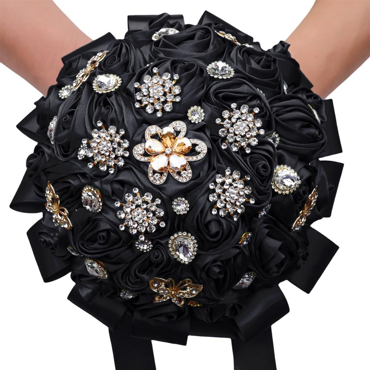 7.5 Inch Black Bridal Wedding Bouquet Round Bling Brooch Artificial Rose Toss