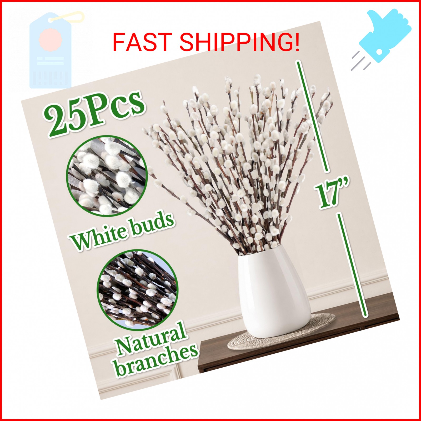 25 Stems Natural Dried Pussywillow Branches for Vases Decor, 15”-17” Real Pres
