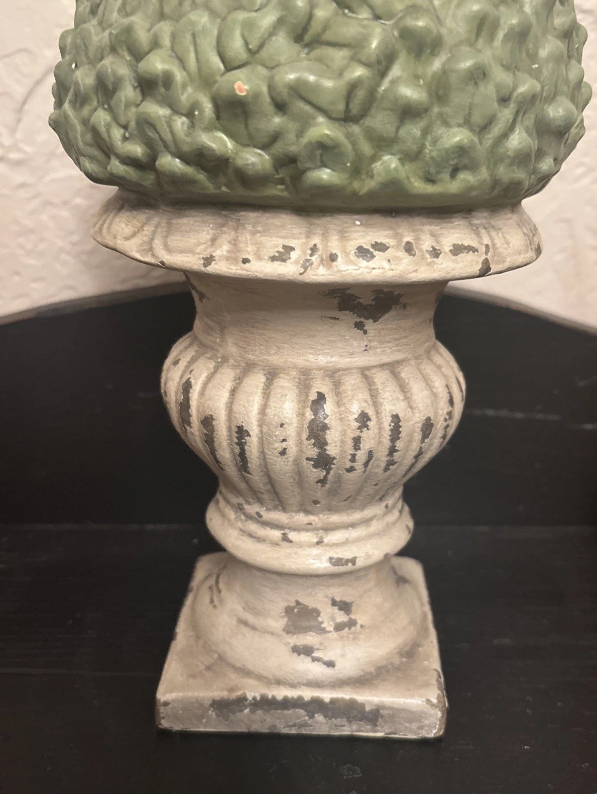 Terracotta Ceramic Cone Topiary 14″ Vintage Chippy Green Cream Urn
