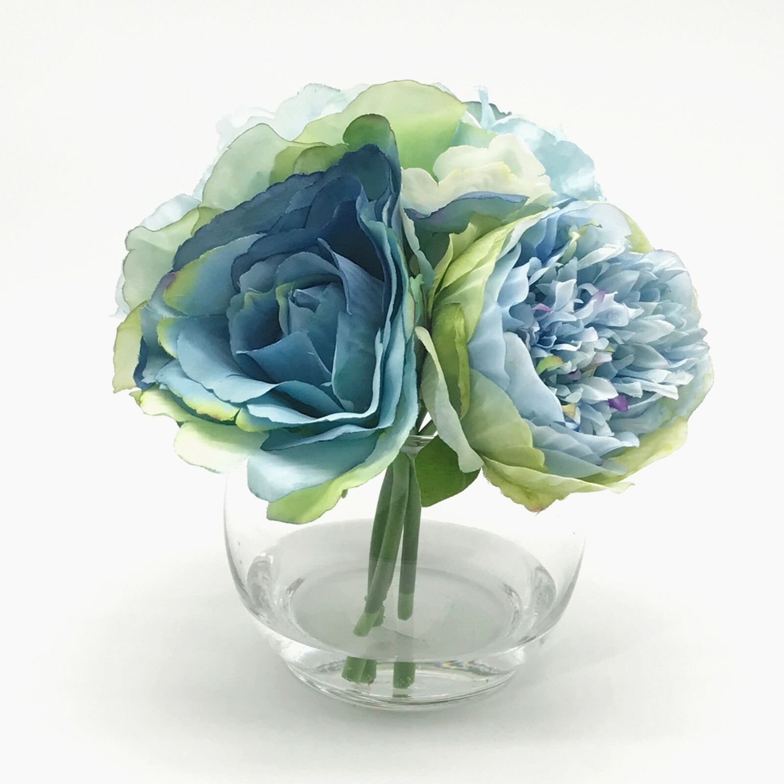 Mixed Open Rose and Peony Silk Flower in Clear Glass Vase with Faux Water