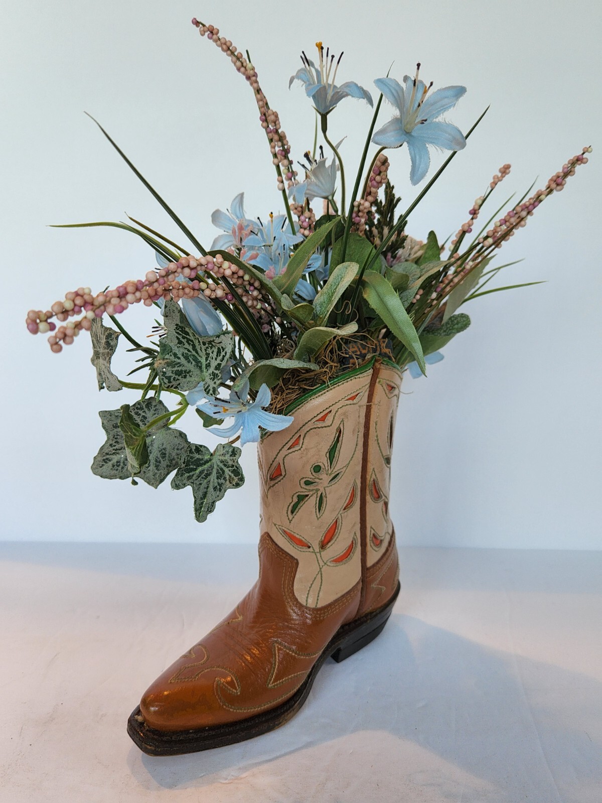 Acme Leather Western Cowboy Boot 4.5D Blue Floral Decor Arrangement Farmhouse