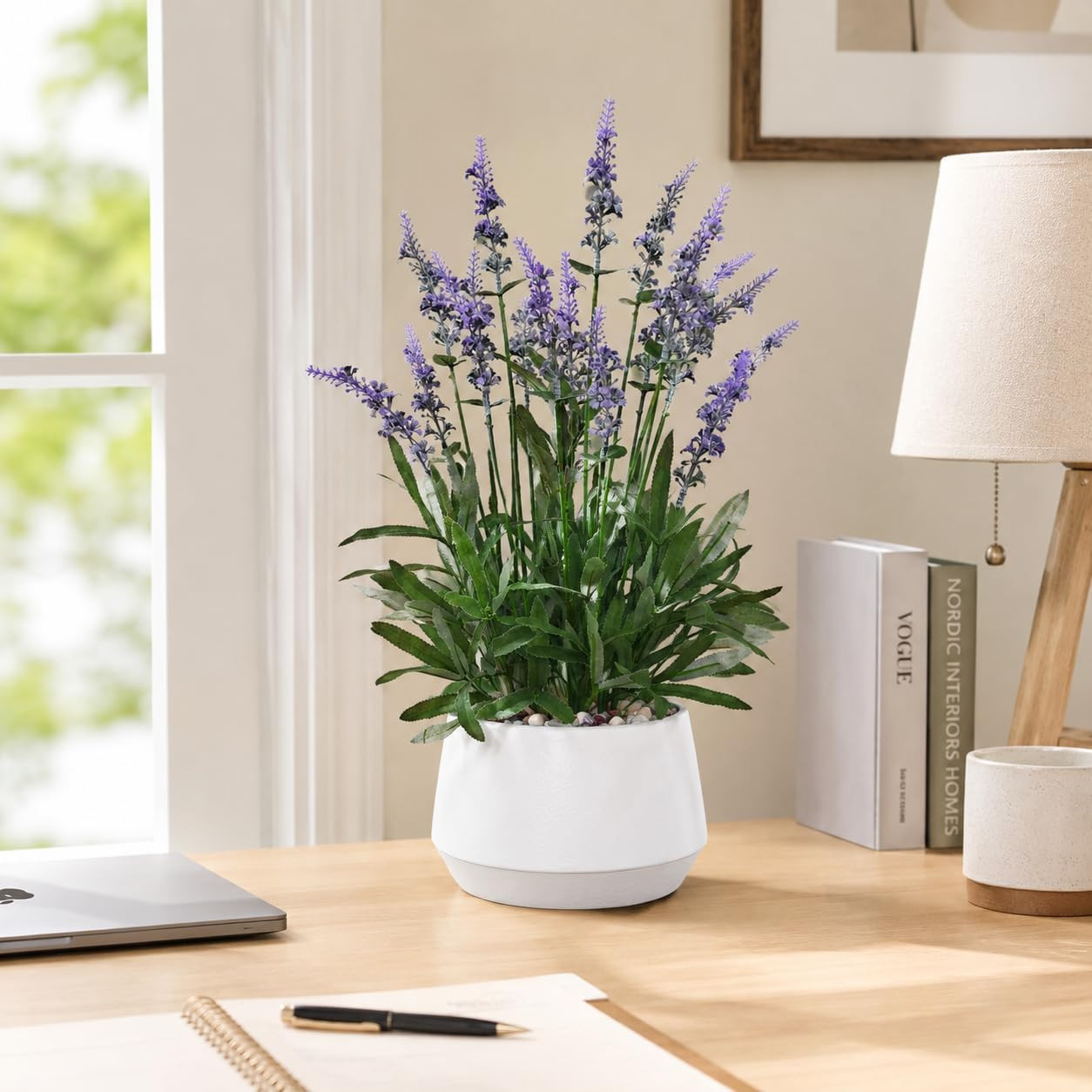 18″ Artificial Lavender Plant in White Pot – Realistic Home Decor