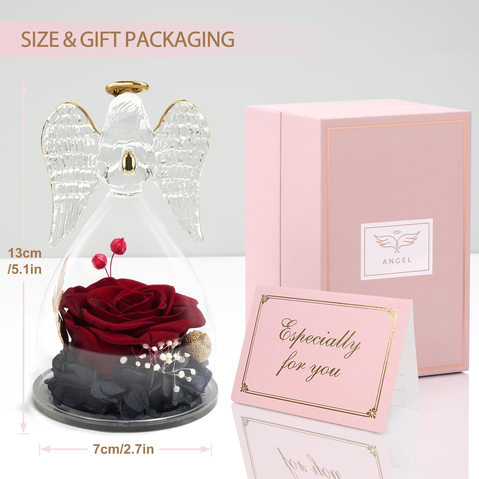 Angel Figurine with Real Preserved Rose Mom Birthday Mother’s Day Gift