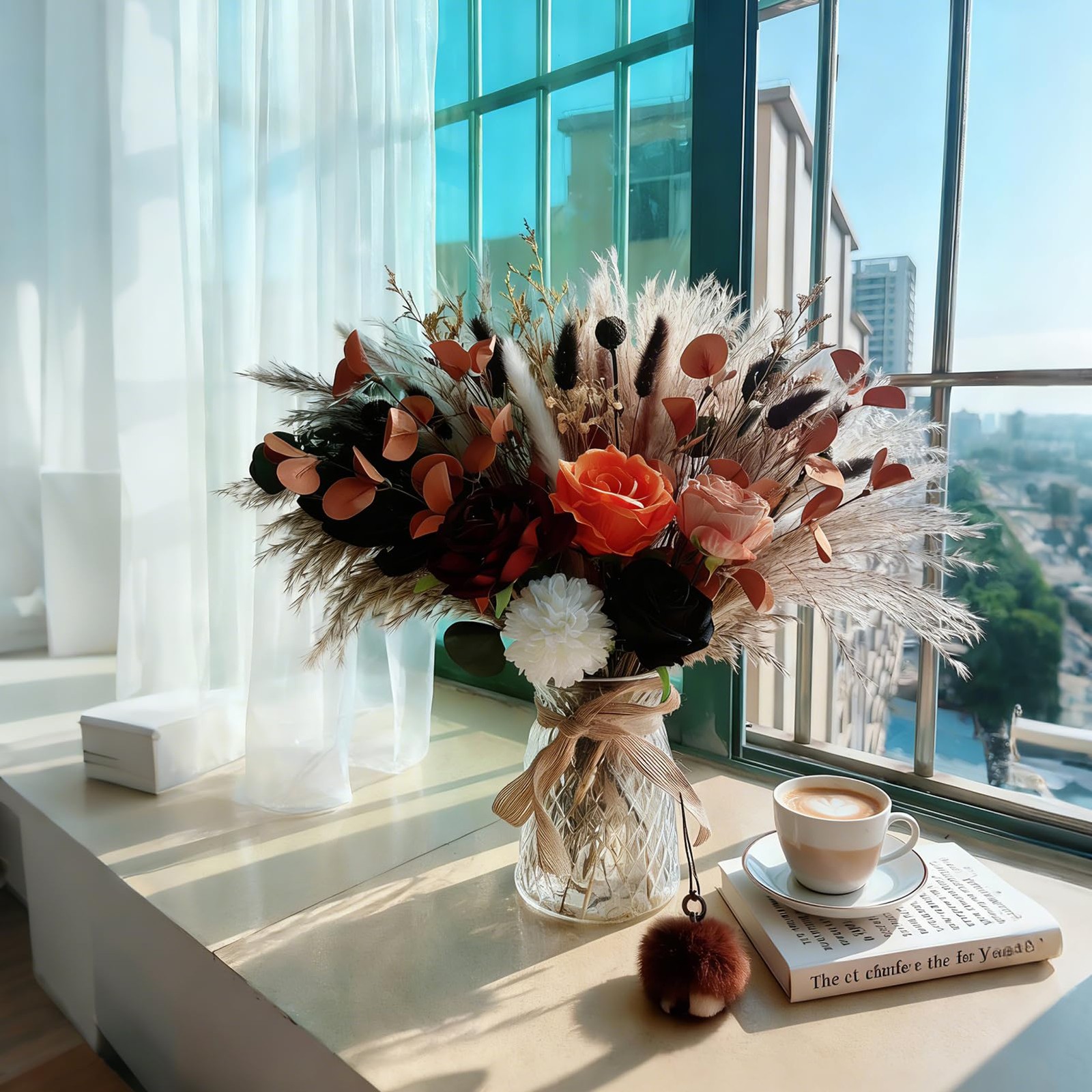 Orange Artificial Fake Flowers In Vase Faux Dried Pampas Grass Floral