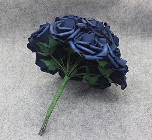 25 PCS Navy Blue Artificial Foam Roses Real Touch Fake Flower Wedding Bridal