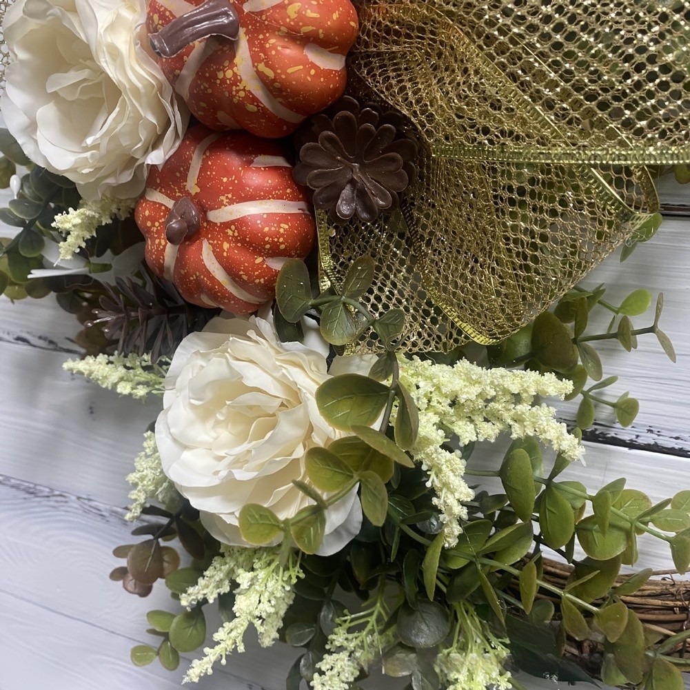 Autumn Wreath with Pumpkin Maple Leaf Eucalyptus Berries for Indoor Outdoor Use