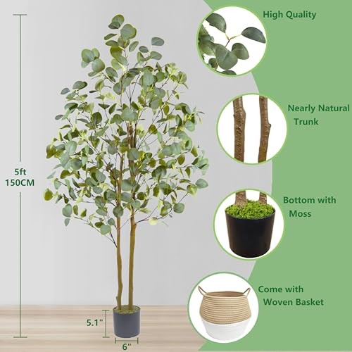 Artificial Tree Tall Fake Plant with Woven Basket, 60” Silk 5ft Eucalyptus
