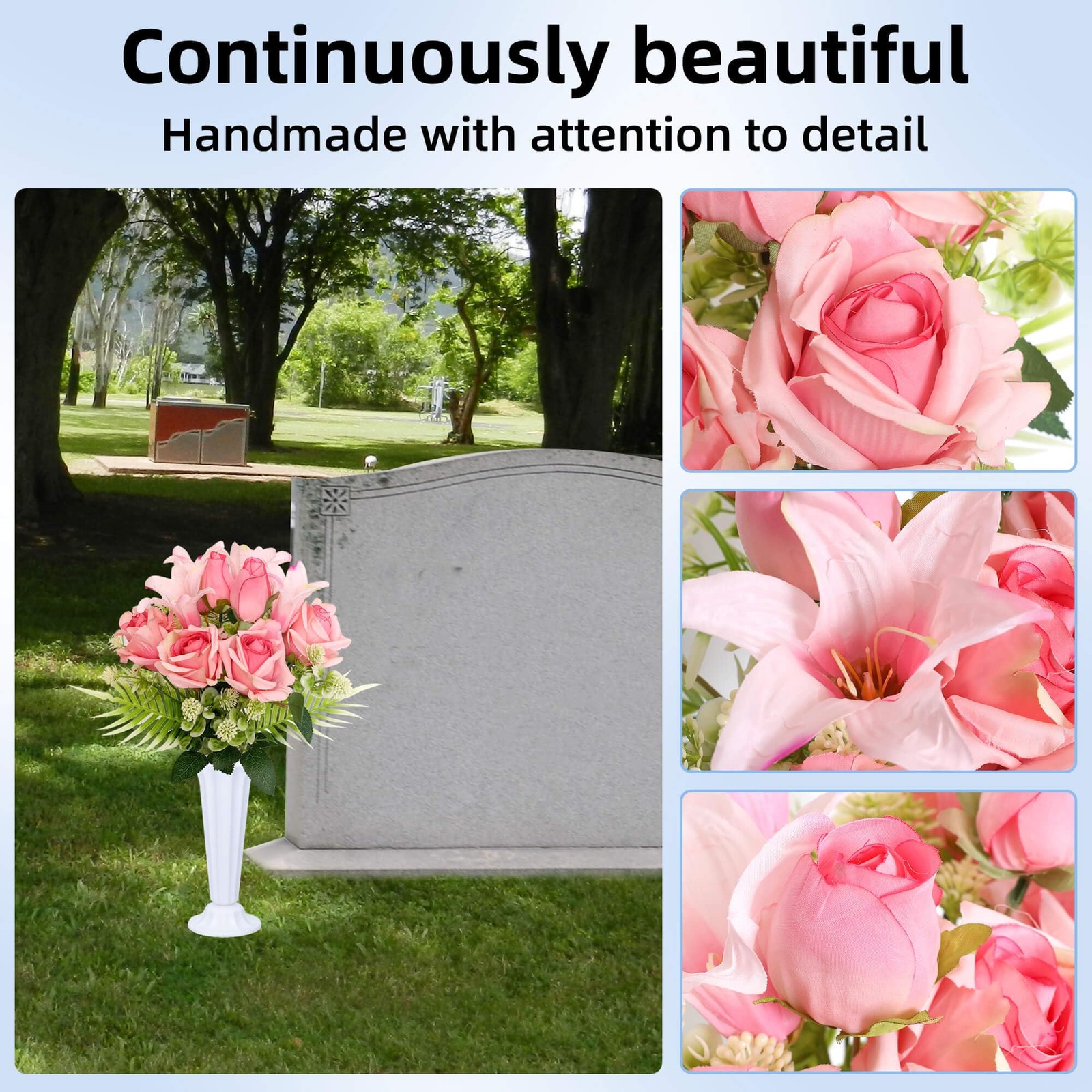 Artificial Cemetery Flowers with Vases Set of 2 Roses Lily Silks Bouquets Rea…