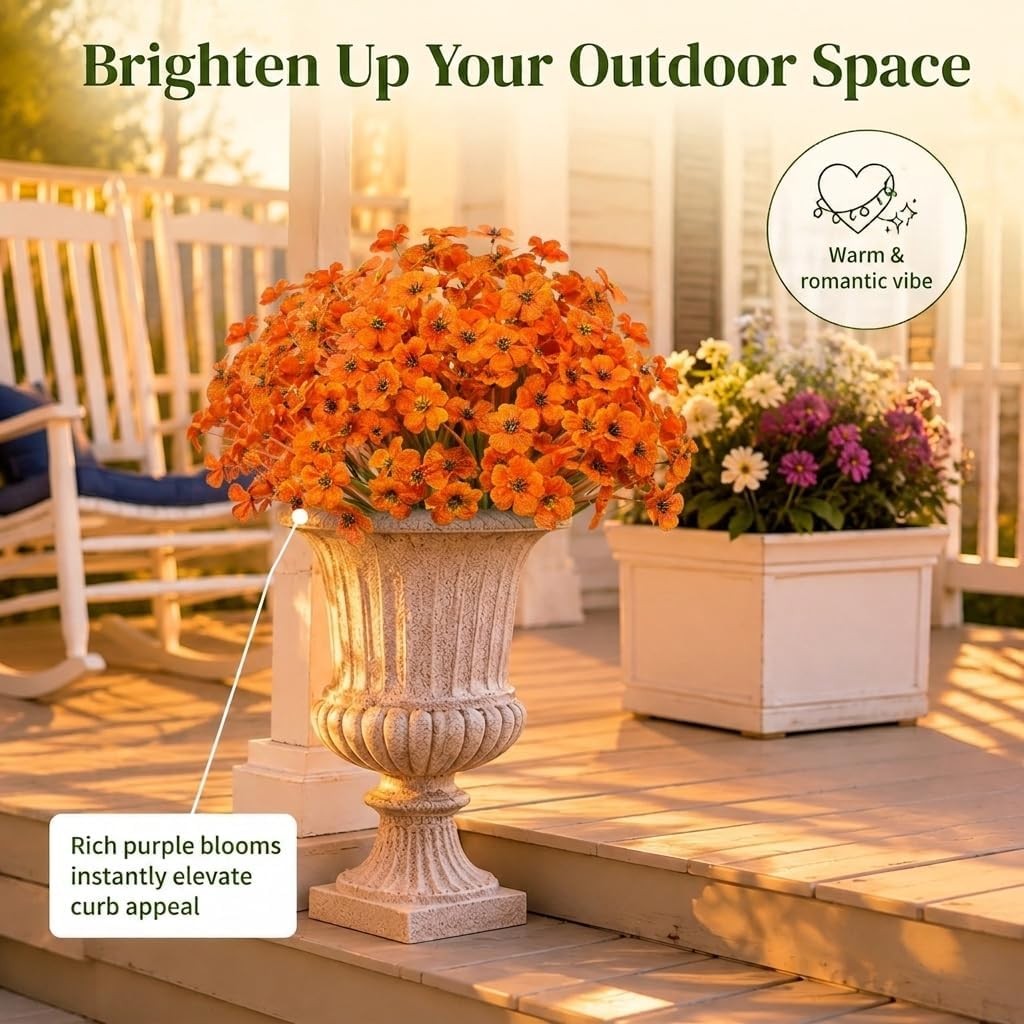 24 Bundles UV Resistant Artificial Flowers, Outdoor Indoor Orange Decor