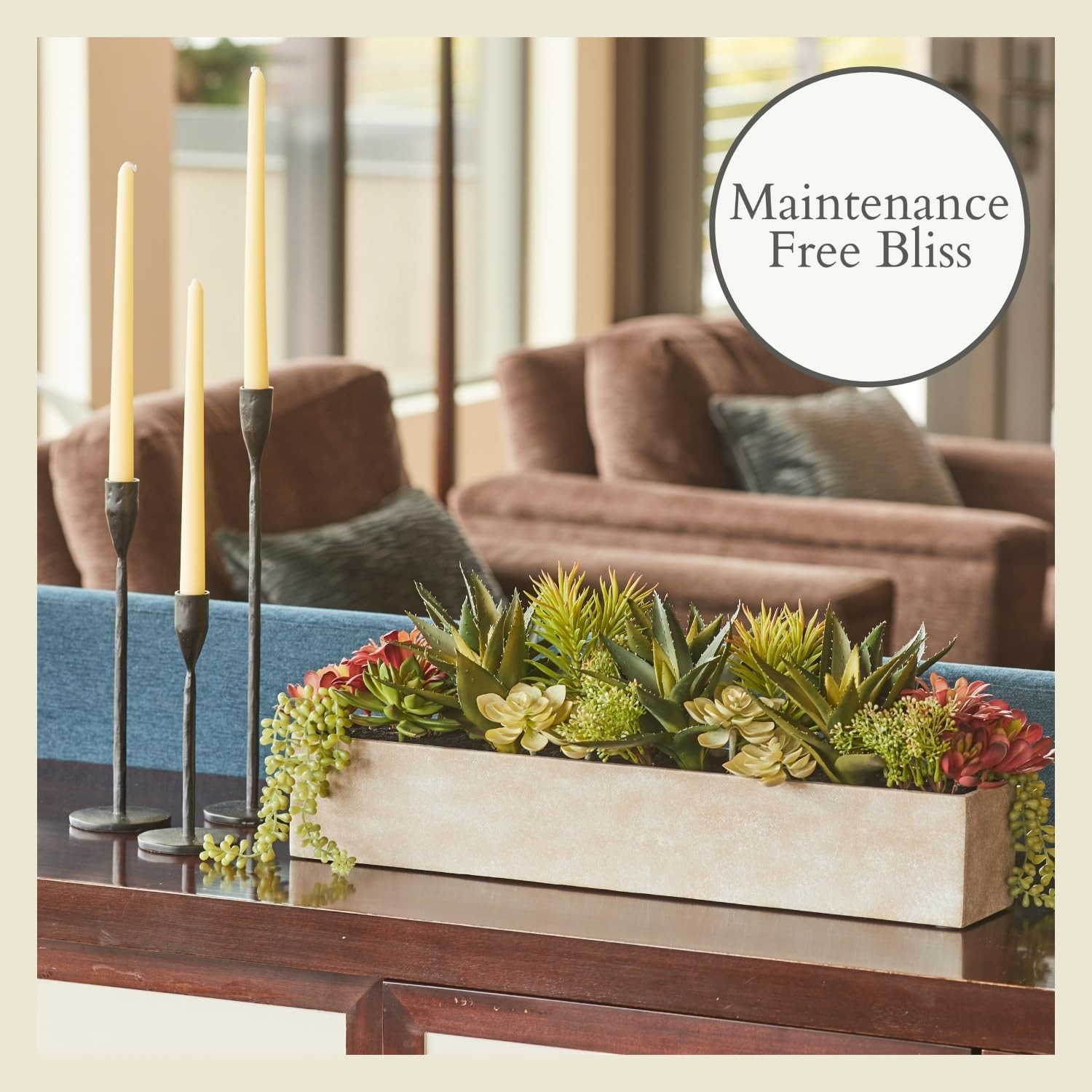 Oblong Faux Succulent Arrangement, 27″ Premium Artificial Indoor Plant, Khaki