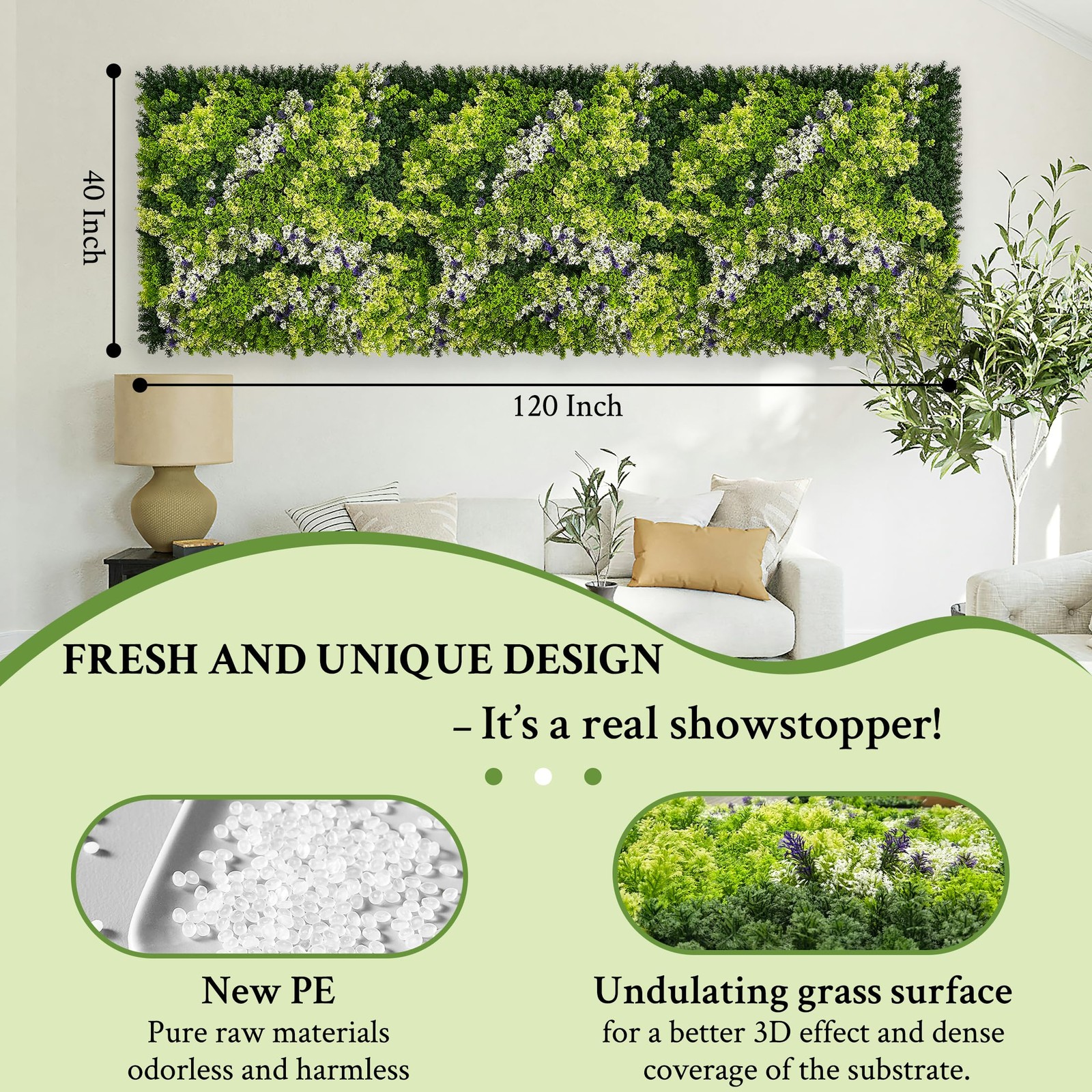 Artificial 3D Fake Plant Roll: 40″x120″ (33.5 sqft) Grass Wall