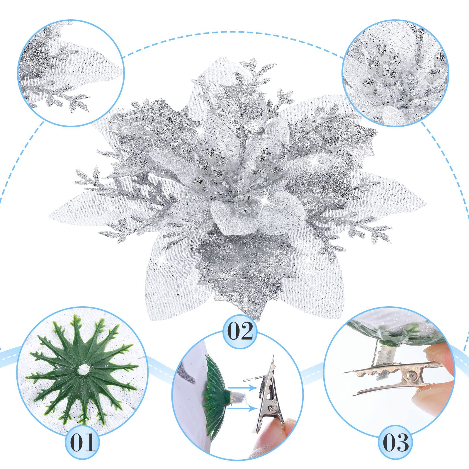 Silver Christmas Glitter Artificial Poinsettia Flowers Ornaments Clips 36 PCS