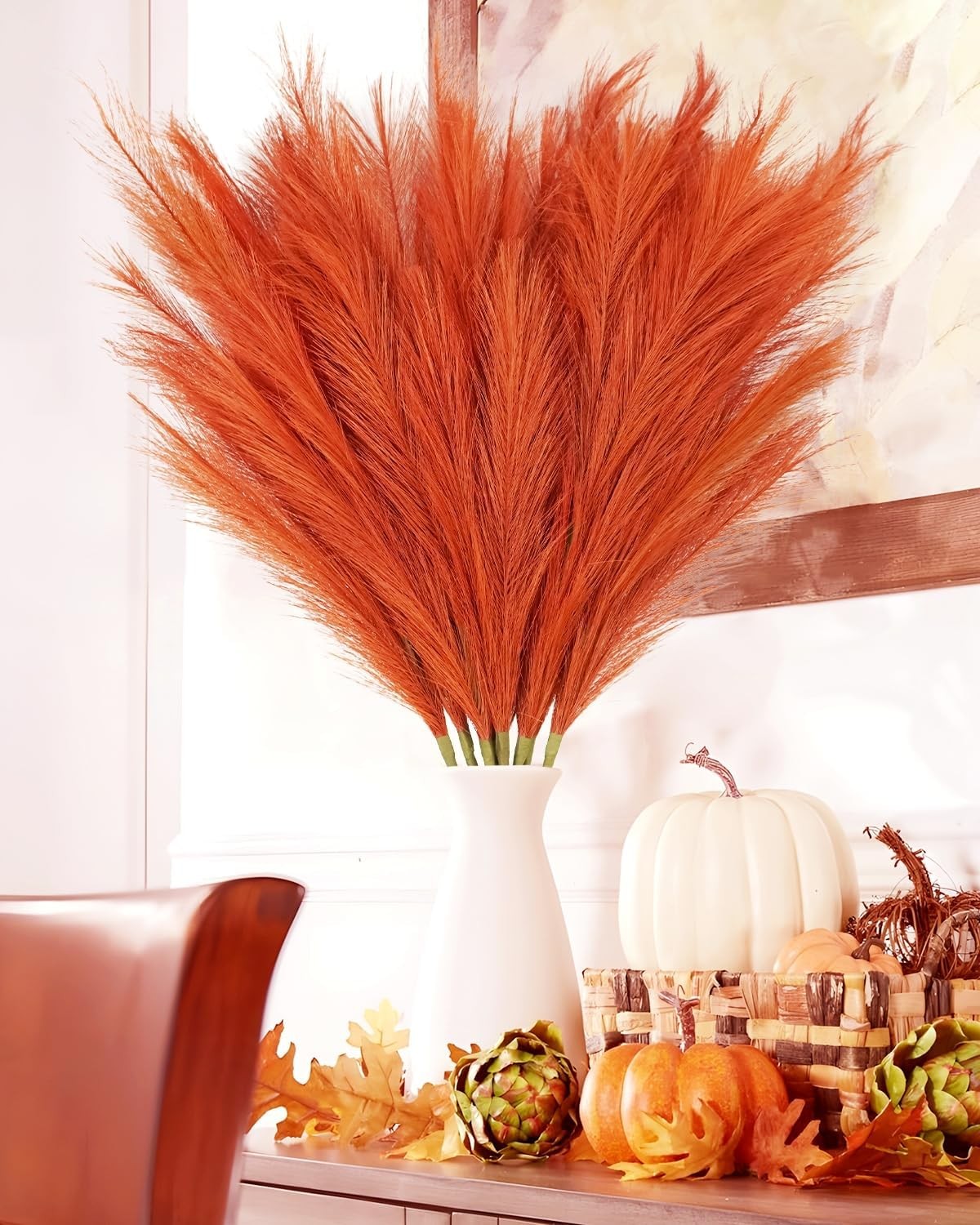 8pcs Orange Pampas Grass Tall, 35″ Fluffy Faux Colored Pompas Grass Artificia…
