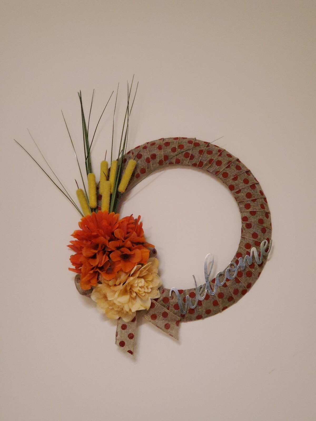 WELCOME wreath FLOWER Hydrangeas Foxtail burlap FALL autumn Decor Front Door 15