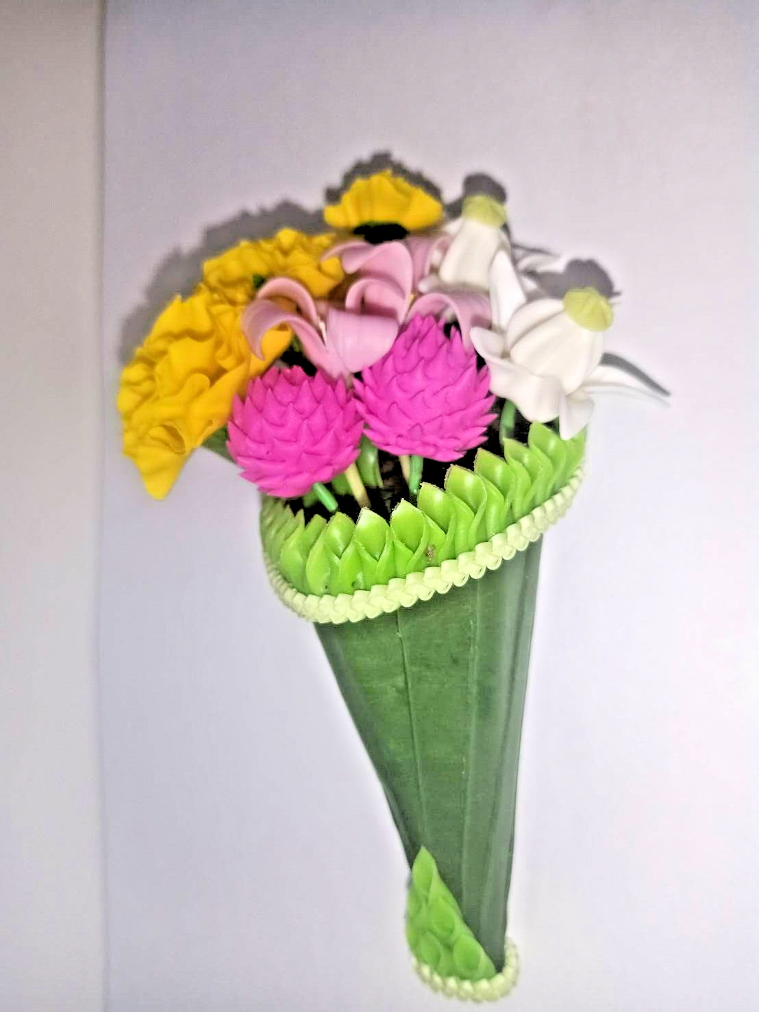 Handmade Artificial Banana Leaf Clay Floral Dollhouse Bouquet Flower Arrangement