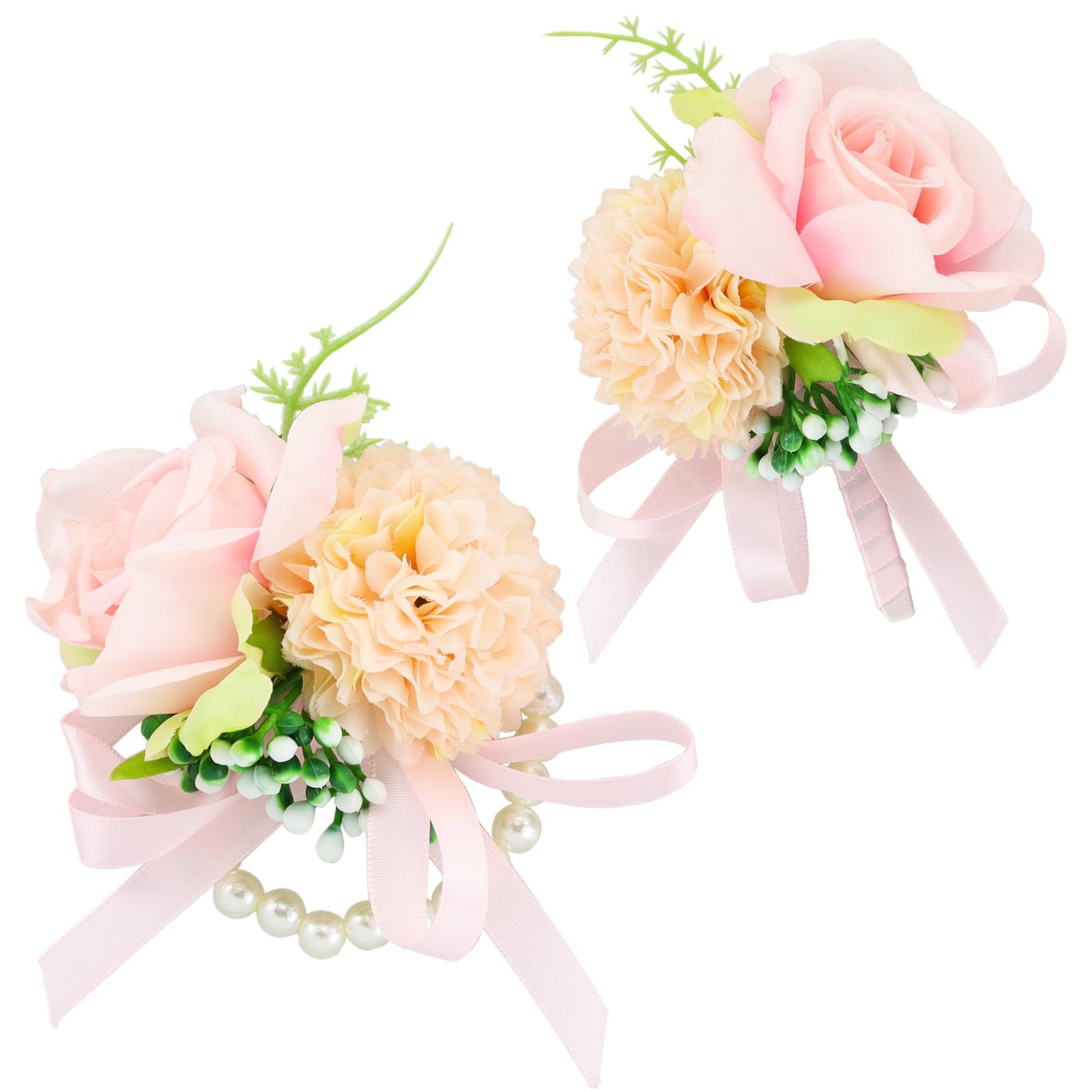 2 PCS Pink Wrist Corsage Boutonniere Set Prom Wedding Flowers Accessories