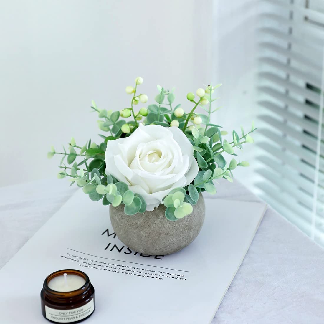 Small Artificial White Rose Potted Plant 6 Inch Fake Silk Flower 3.5 Inch Pot